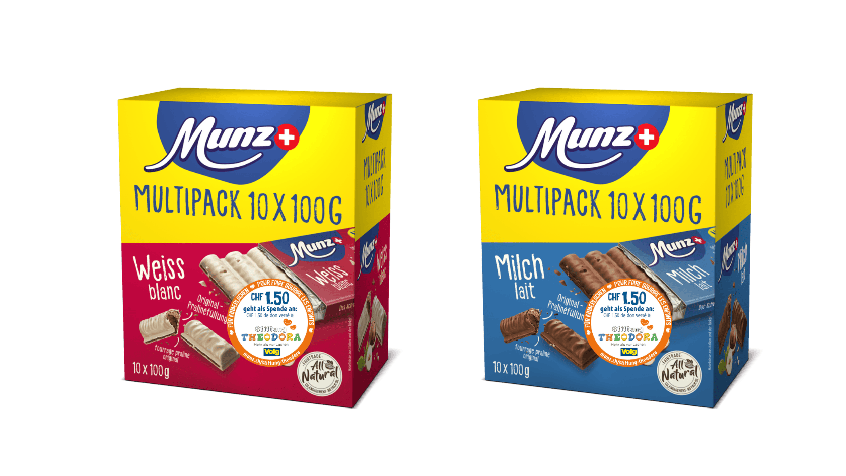 Munz Tafel Weiss und Milch Multipacks mit Stiftung Theodora Leporello