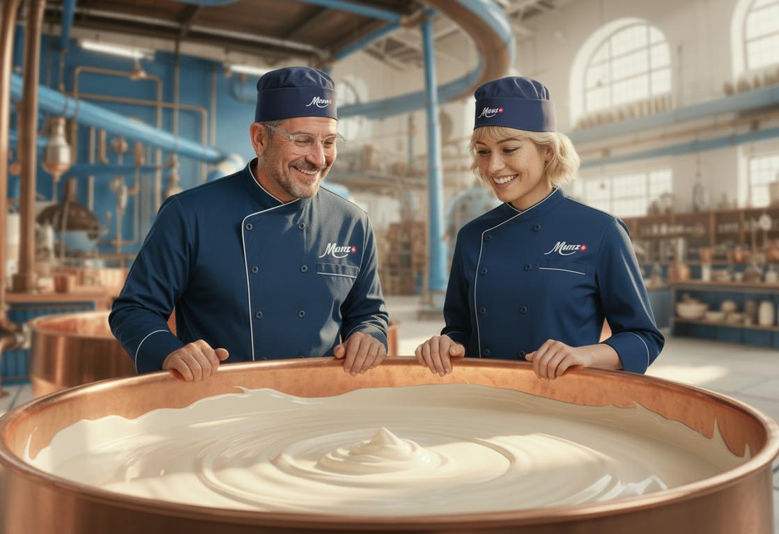 Munz Schoggi-Tüftler im Labor, Mann und Frau. Weisse Munz Schokolade