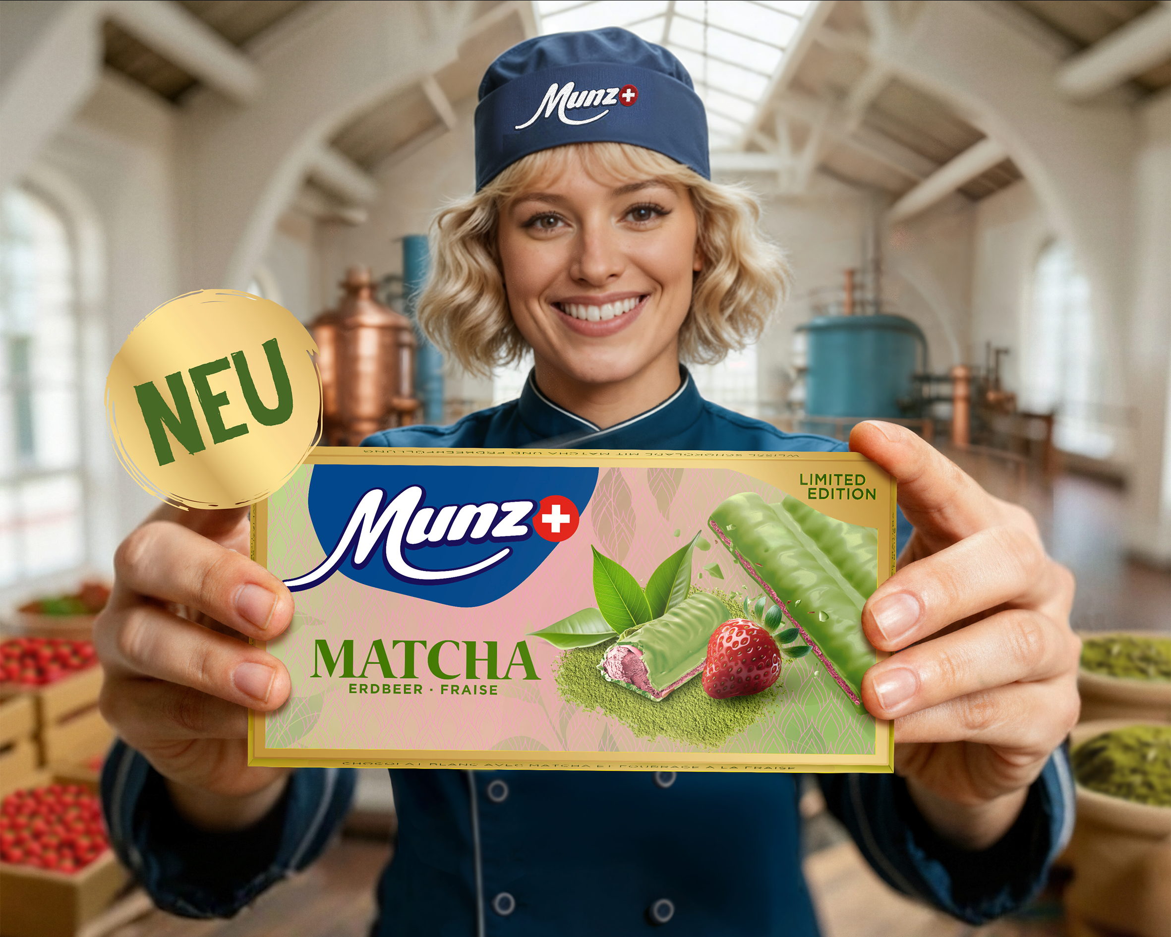 Frau mit Munz Tafel Matcha Erdbeer